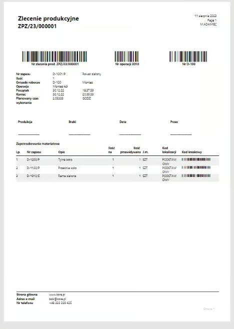 wydruki produkcyjne system erp