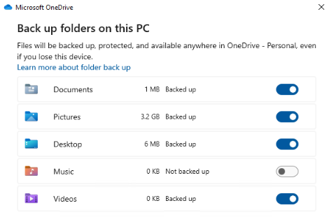 backup folders onedrive